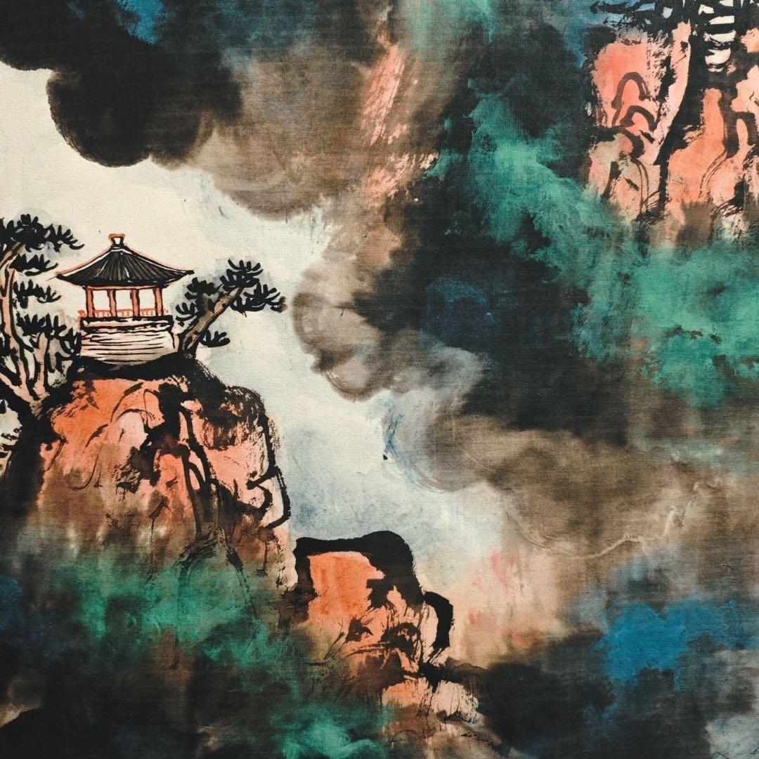 中国画 刘海粟・山水 天下奇観 四尺中堂掛軸 宣紙装裱175×70cm実物撮影