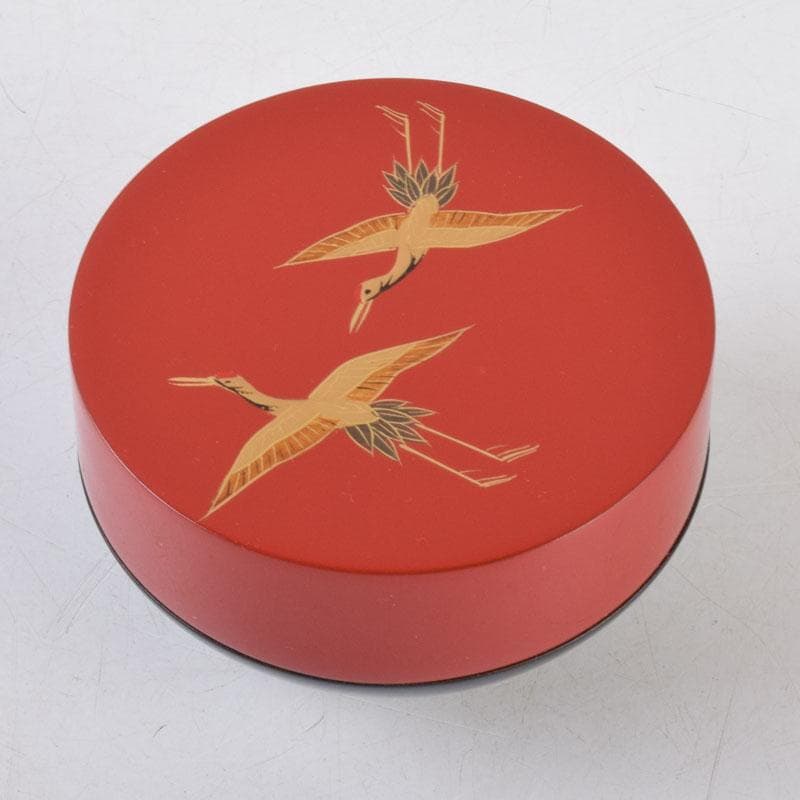 茶道具 中村湖彩作 鶴蒔絵 黒赤茶器 共箱 V 8582