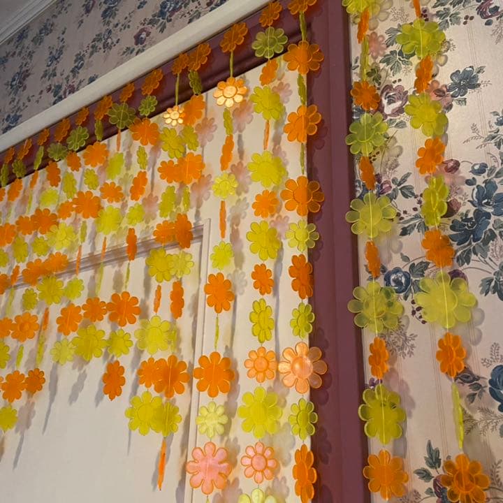 花型ビーズのれん ロング 昭和レトロ レトロポップ アーチ型 ビーズ