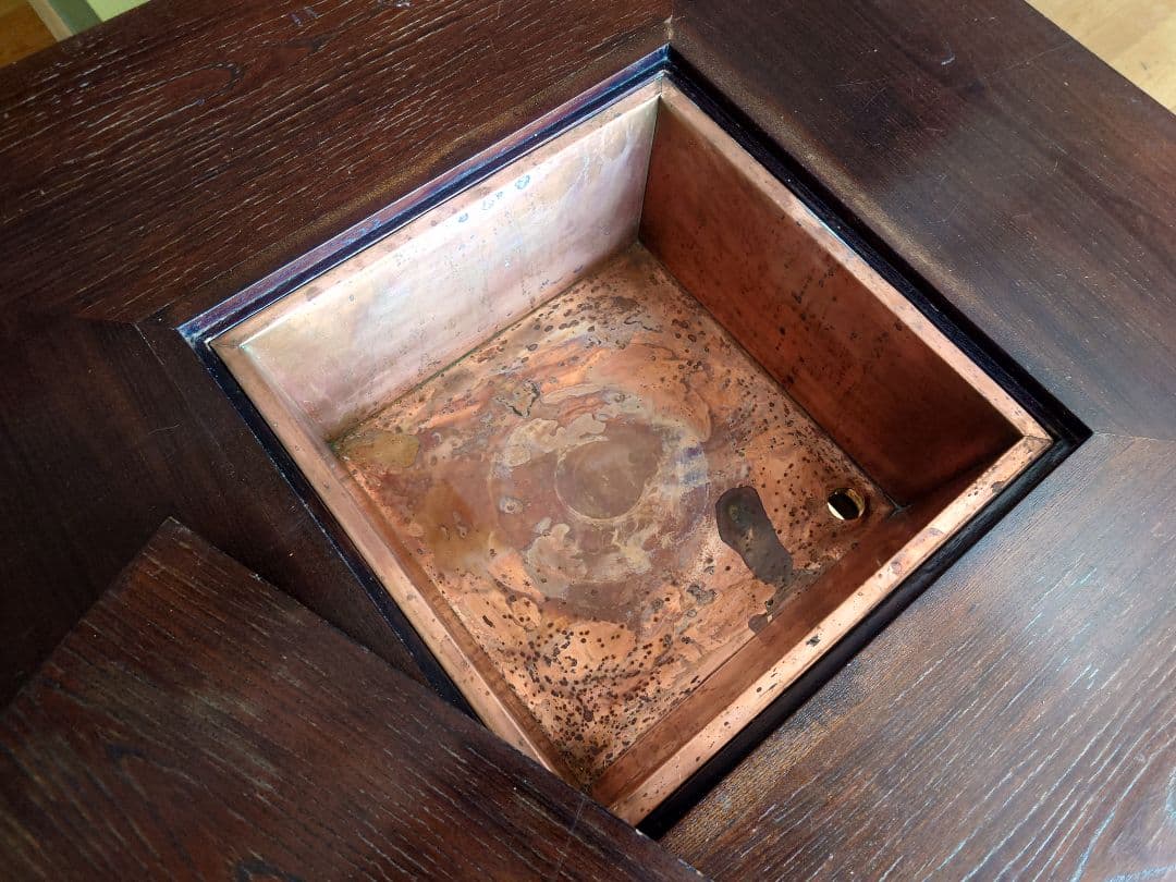 九州民芸家具　火鉢炉付卓子回転台付　ダイニングテーブル　銅製火床　囲炉裏テーブル