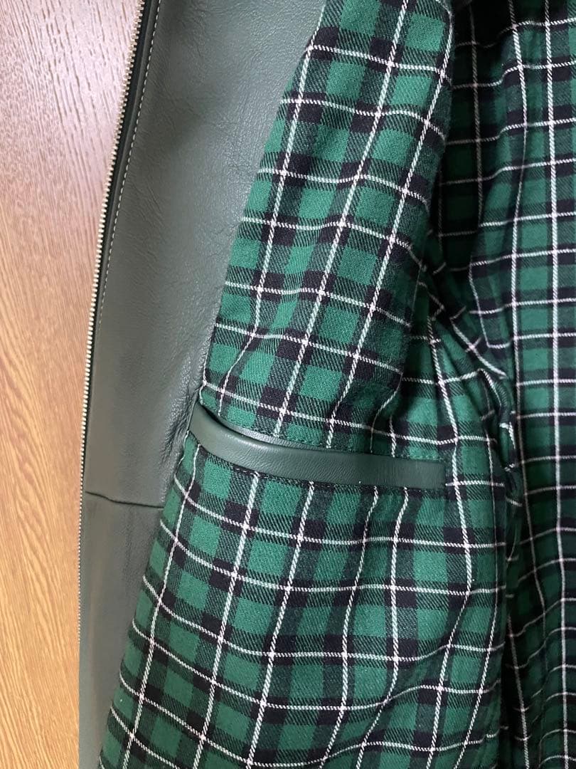 レザー シングルライダースジャケット グリーン/ホワイト