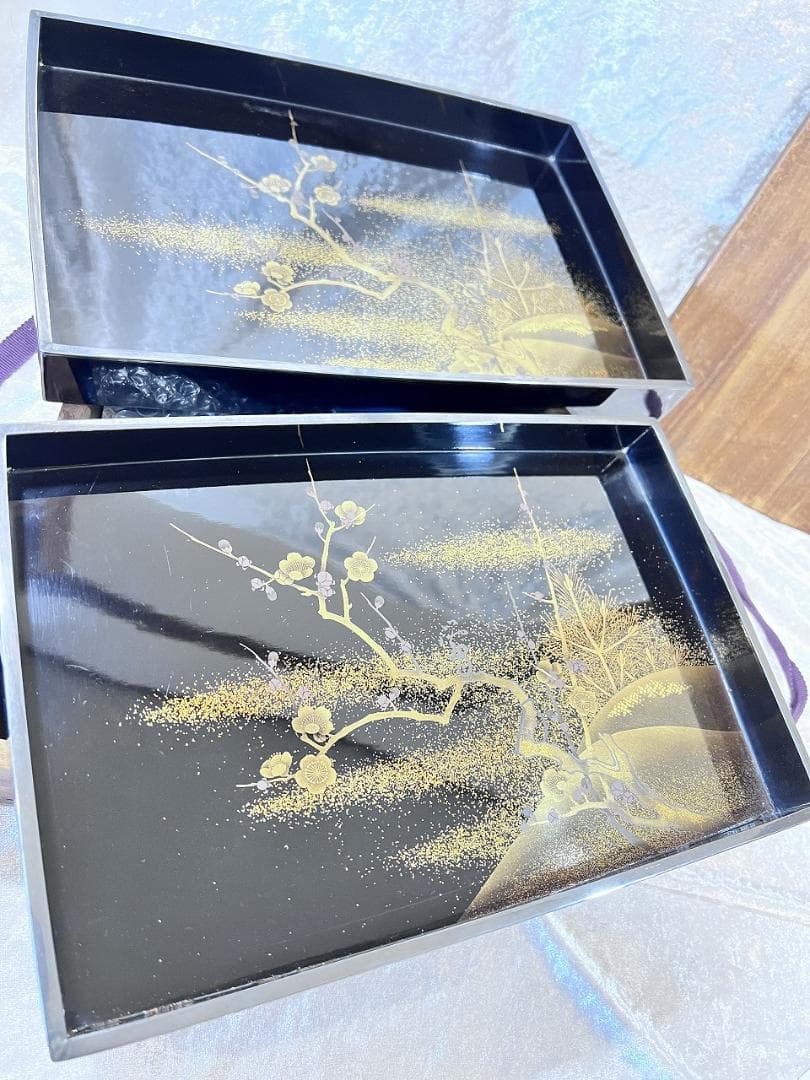 金蒔絵　松梅紋　入子盆一対　明治期　裏底にダメージ有