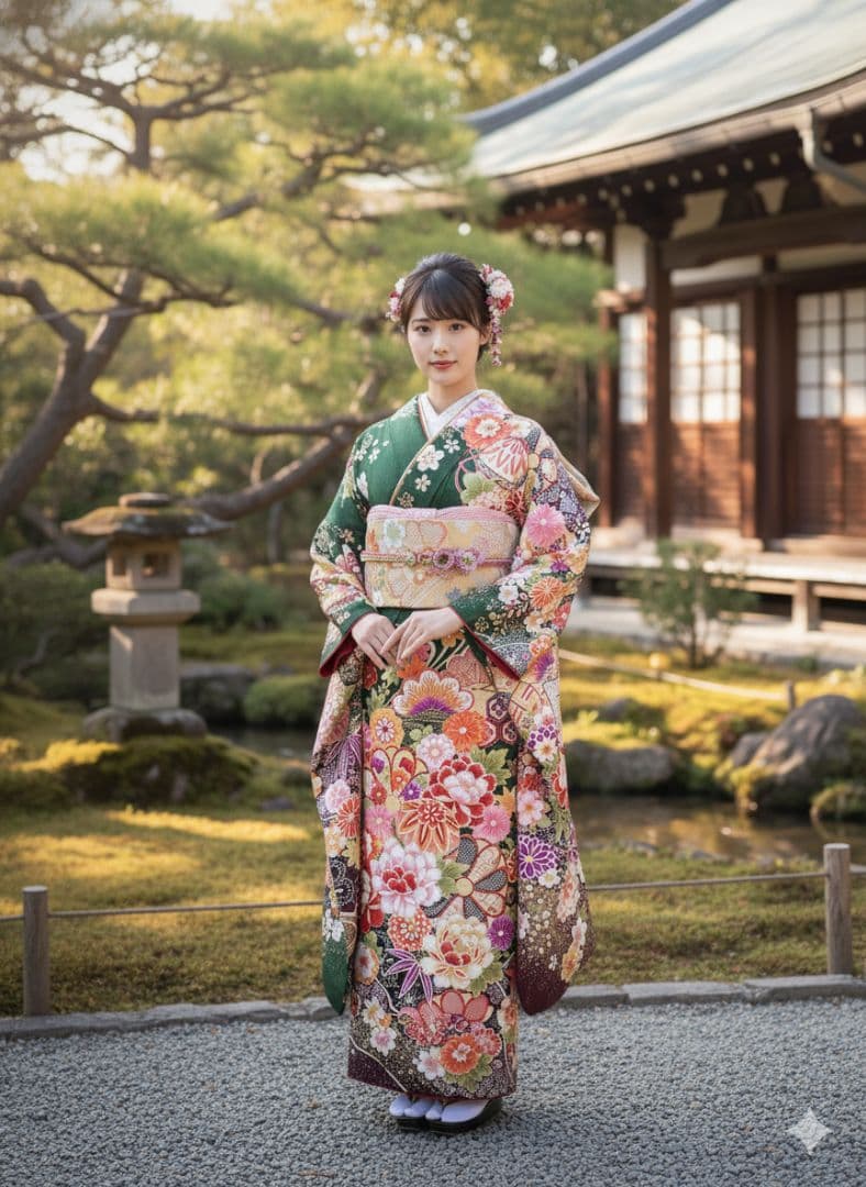 振袖フルセット　緑 振袖フルセット(8点)・成人式・金駒刺繍・牡丹・ミントグリーン