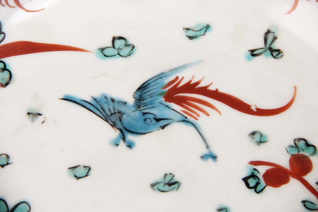 中国明 清時代 呉須赤絵花鳥 五彩 鳥花文皿 古陶磁／民窯