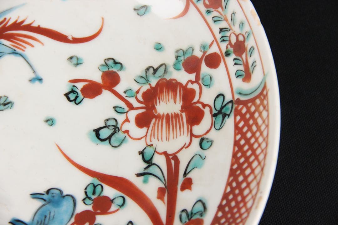 中国明 清時代 呉須赤絵花鳥 五彩 鳥花文皿 古陶磁／民窯