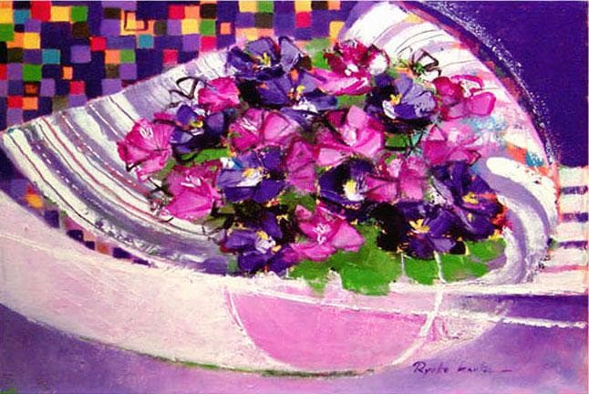 菅家令子 油絵 画絵インテリア 額付(青緑＋金色の枠) uF6-062304 花