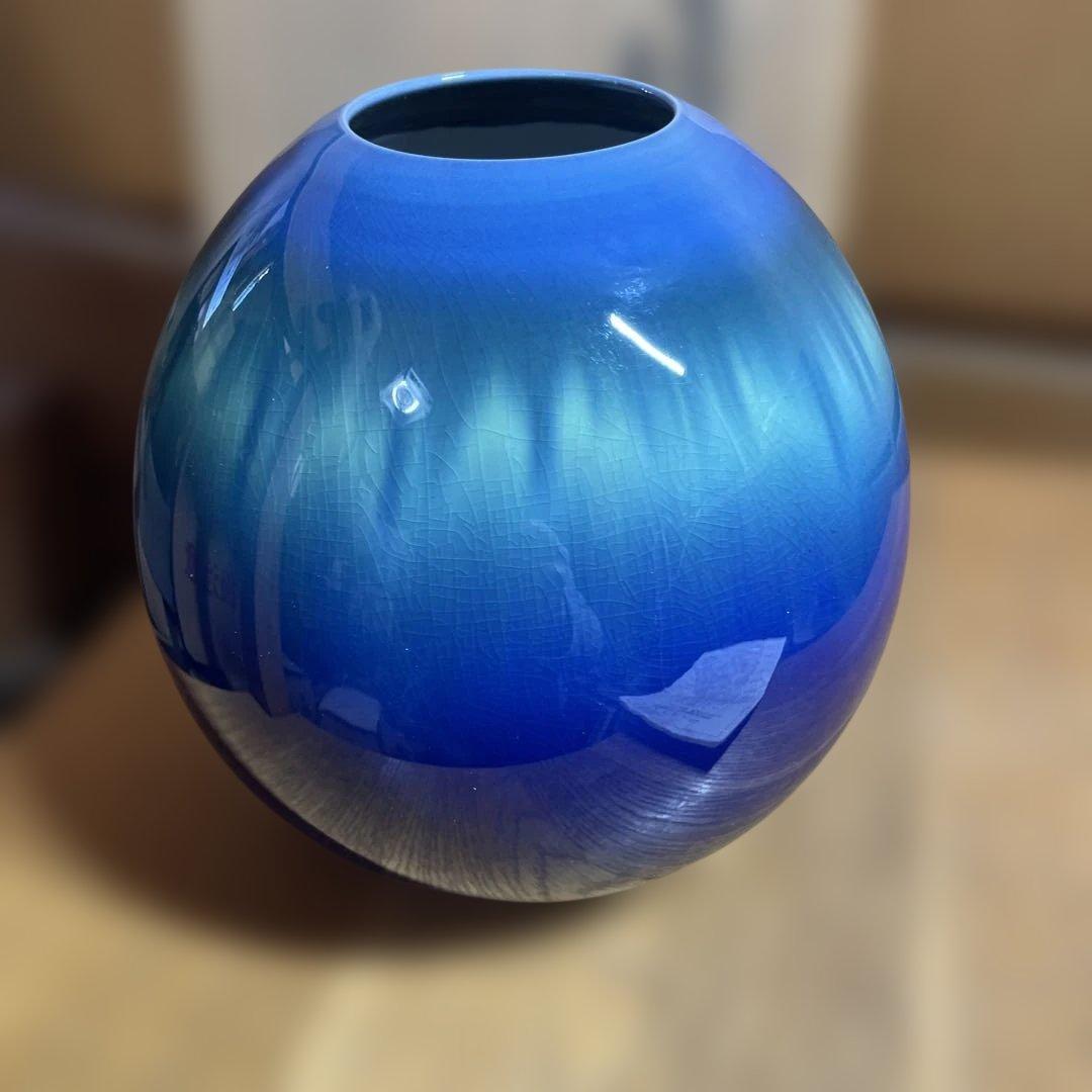 人間国宝　三代　徳田八十吉　碧明耀彩壷 共箱 金銘