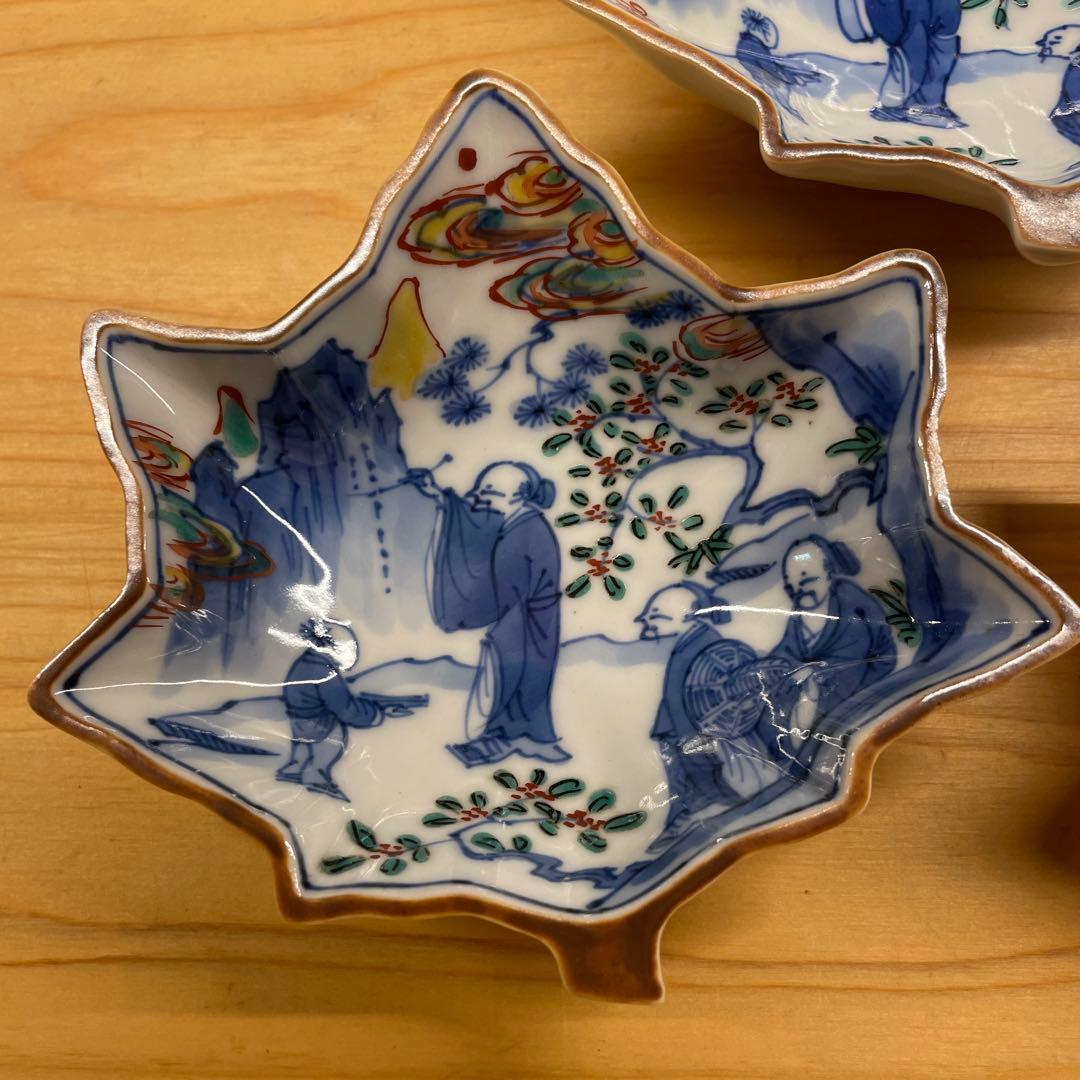 東山 古赤絵写 高士図楓形小皿 6客 共箱あり 宮永東山