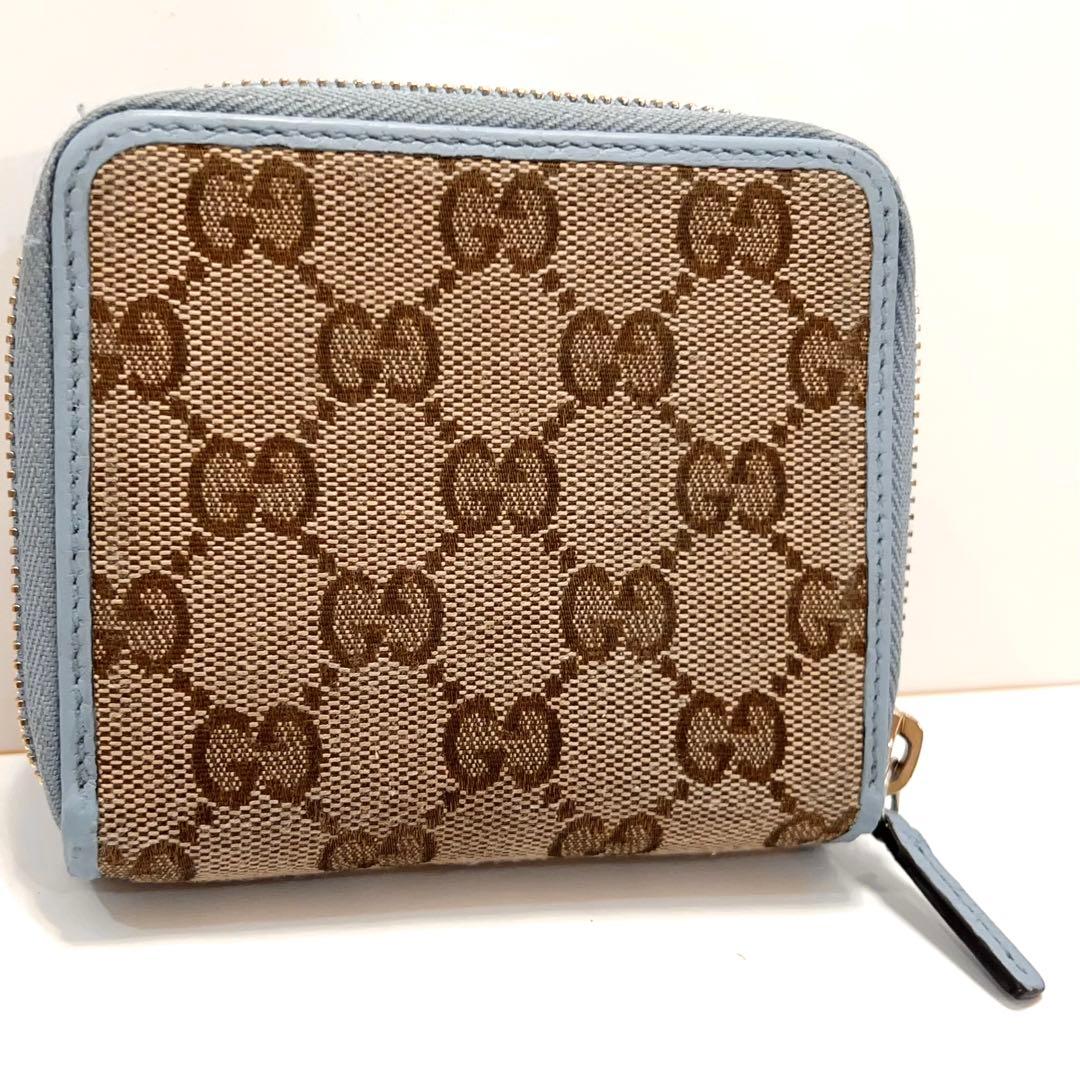 グッチ 折り財布 GGキャンバス GG ラウンドファスナー コンパクト 水色
