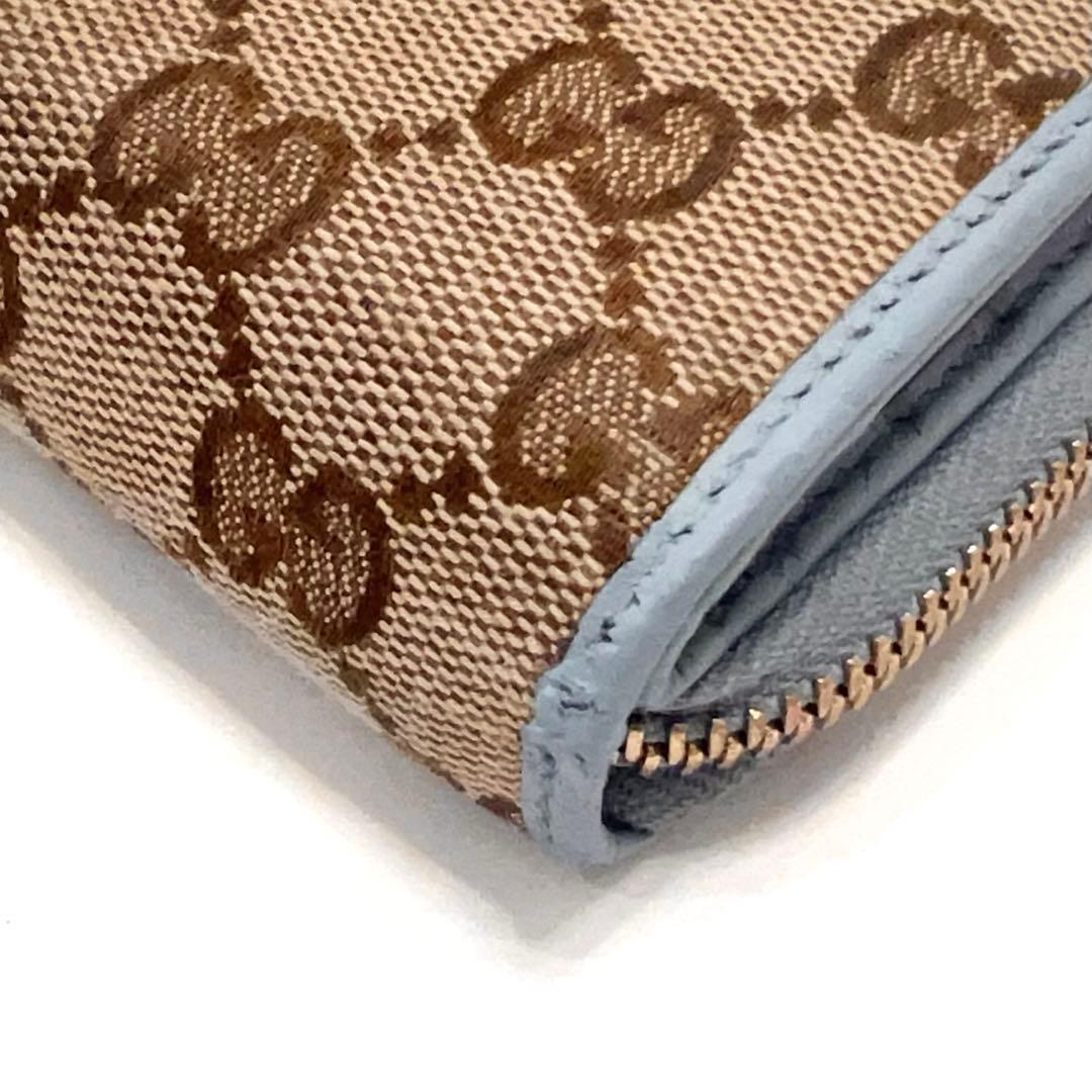 グッチ 折り財布 GGキャンバス GG ラウンドファスナー コンパクト 水色