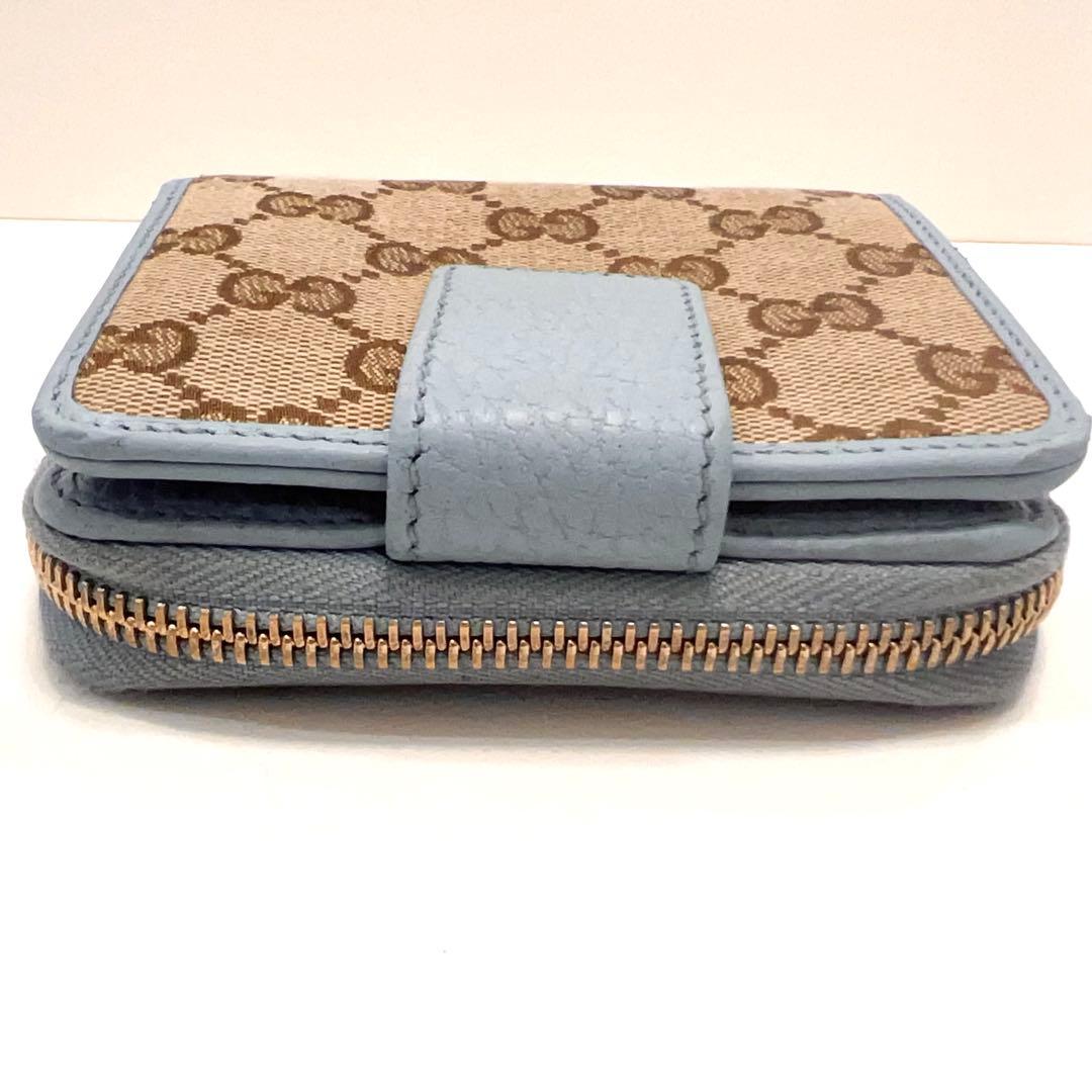 グッチ 折り財布 GGキャンバス GG ラウンドファスナー コンパクト 水色
