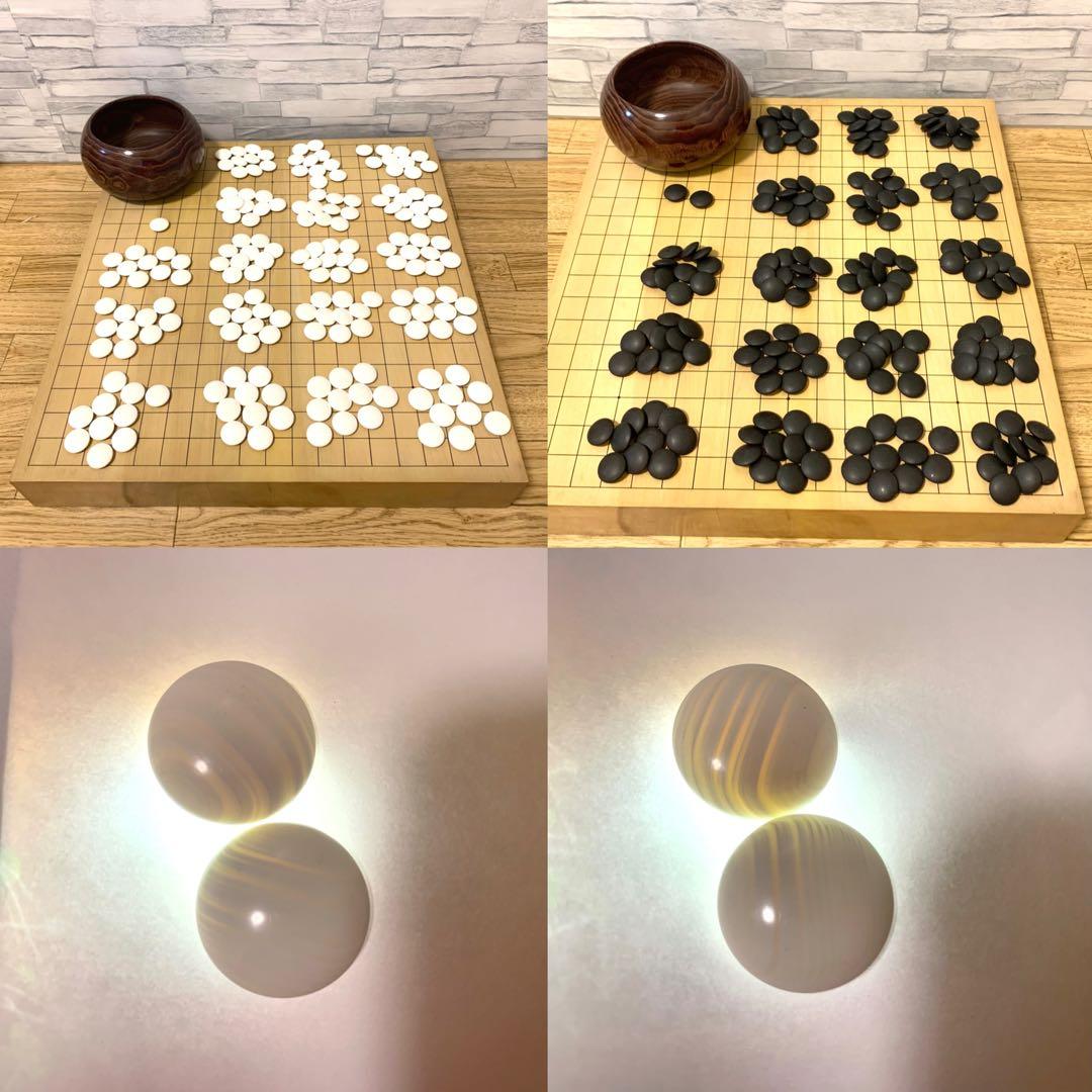超美品蛤碁石 極厚2寸3枚ハギ卓上柾目囲碁盤 平型栗碁笥 豪華3点囲碁セット
