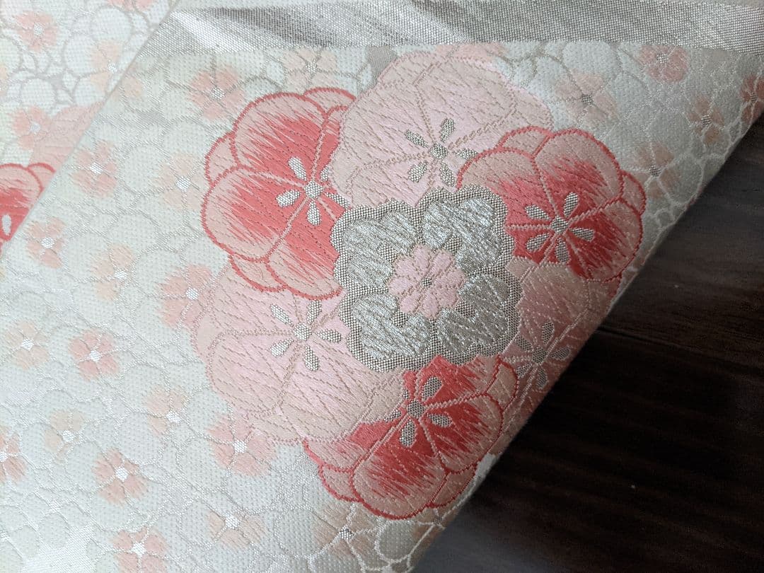 七五三　ジュニアサイズ　大人用袋帯からの作り帯　二部式　子供　着物　白銀ピンク系