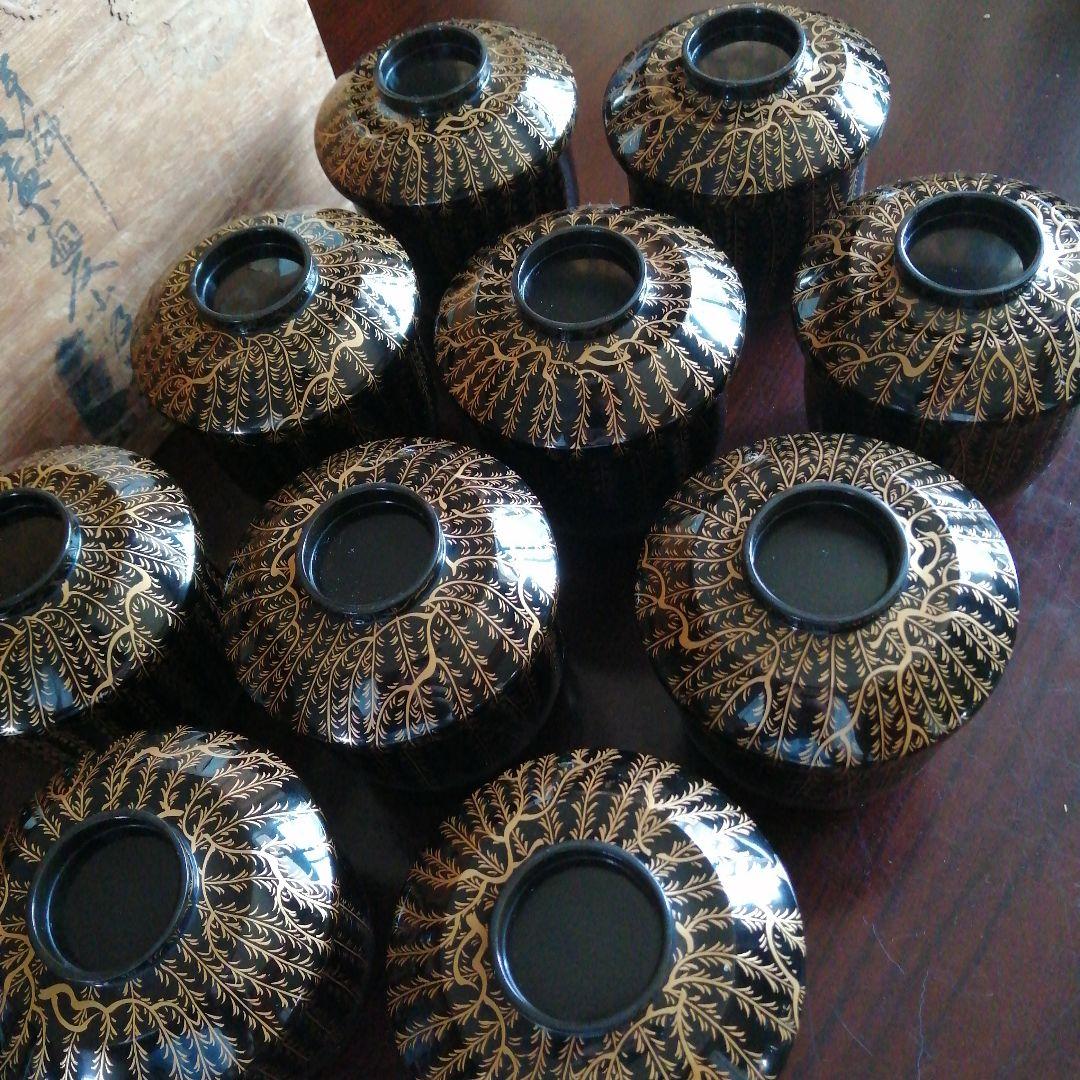 輪島塗　大崎庄右衛門　竹園自耕　金蒔絵枝垂柳紋吸物椀　10客　9cm　昭和中期