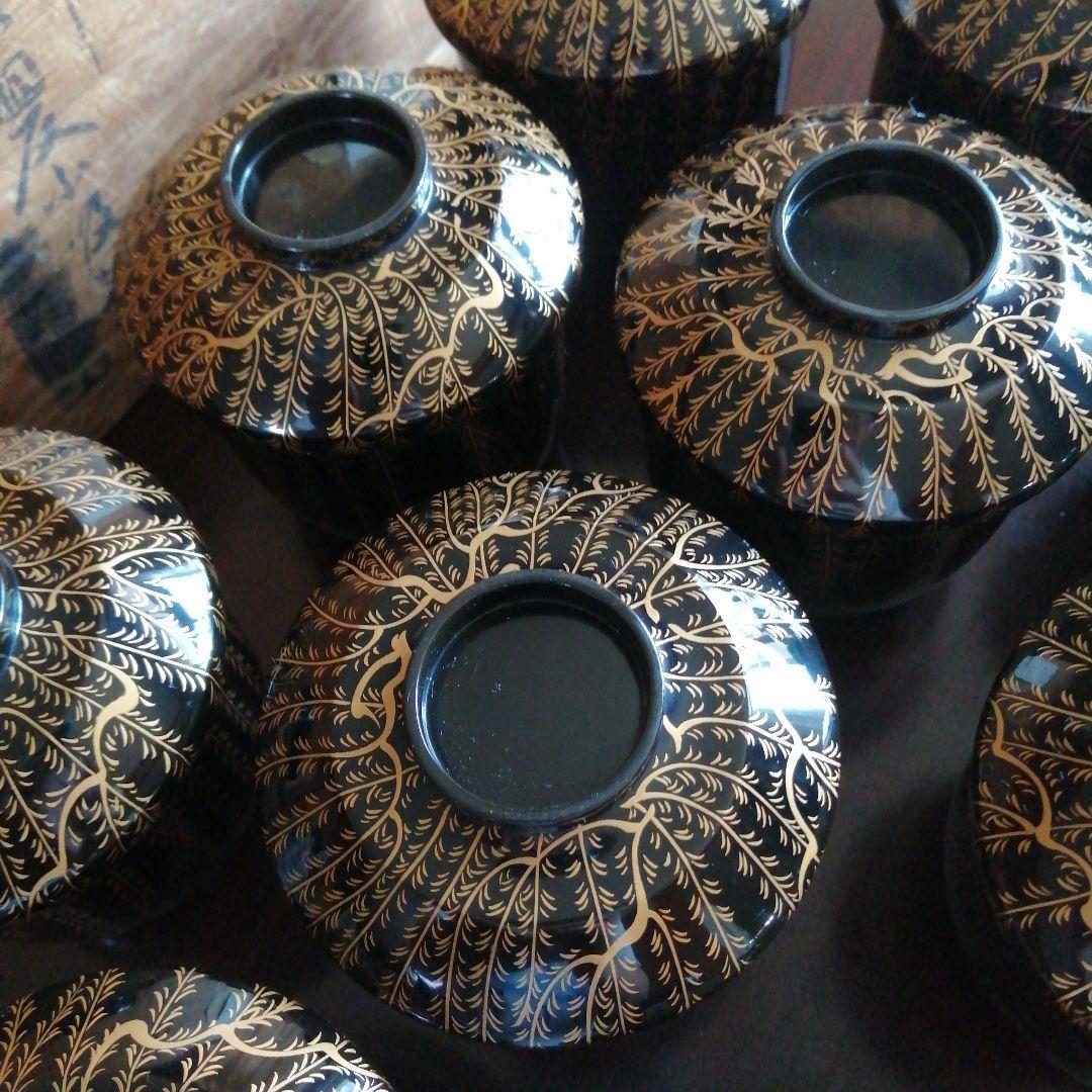 輪島塗　大崎庄右衛門　竹園自耕　金蒔絵枝垂柳紋吸物椀　10客　9cm　昭和中期