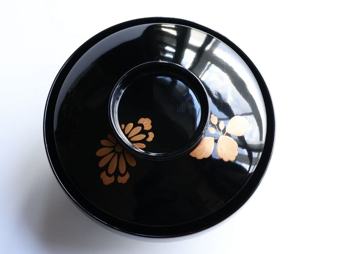 【CM403】天然木漆塗 菊桐鳳凰金蒔絵 黒塗 吸物椀 1客 昭和期 木製漆器