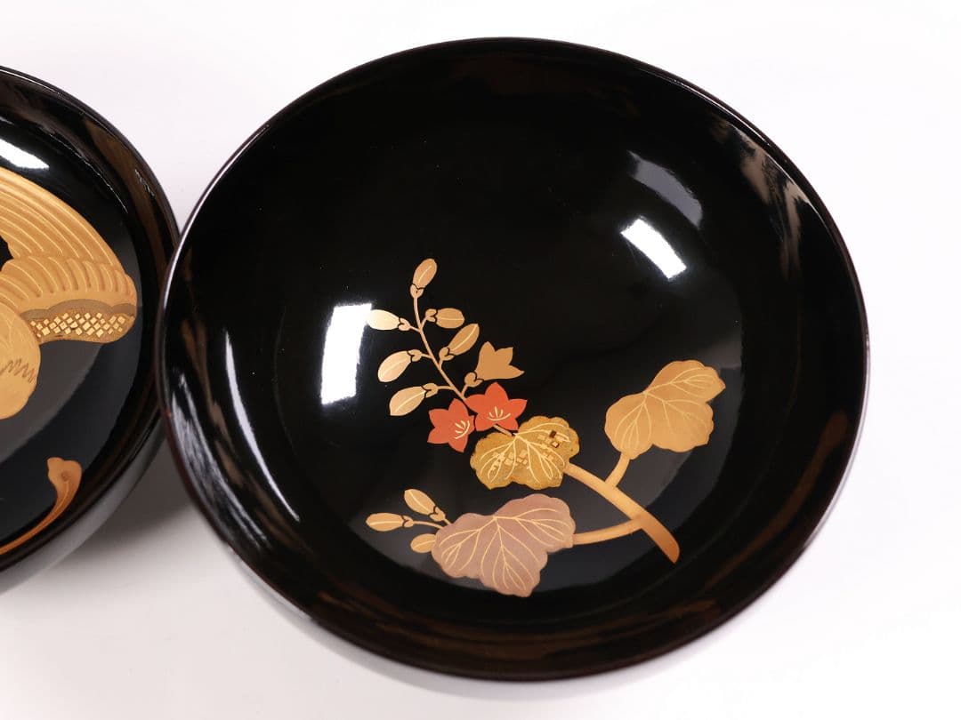 CM403】天然木漆塗 菊桐鳳凰金蒔絵 黒塗 吸物椀 1客 昭和期 木製漆器