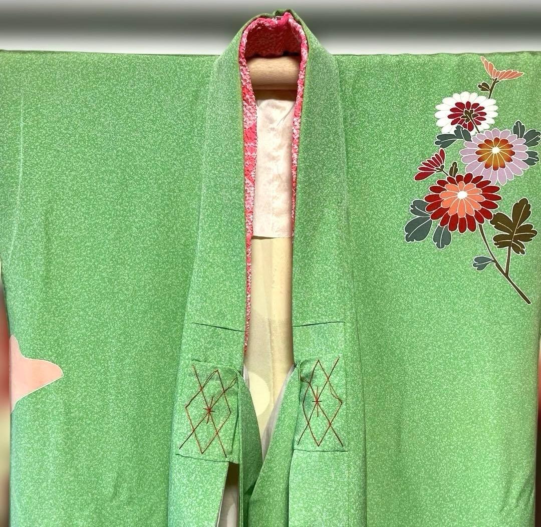 □七五三7歳　正絹女児用振り袖着物　正絹襦袢付　おしどり　緑系