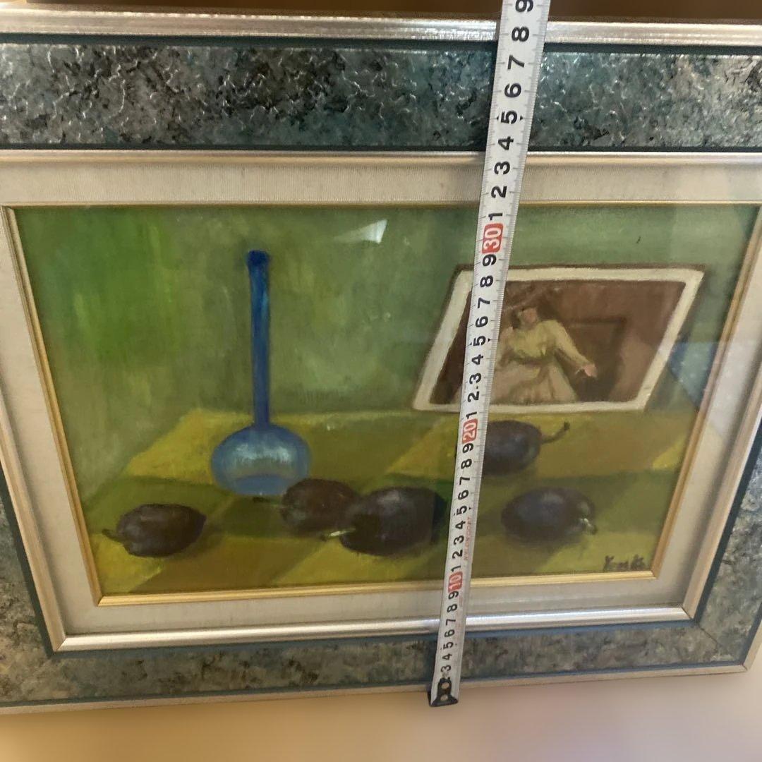 油彩 油絵 絵画 プルーン 果物 洋画 静物画 額縁 シルバーフレーム f4