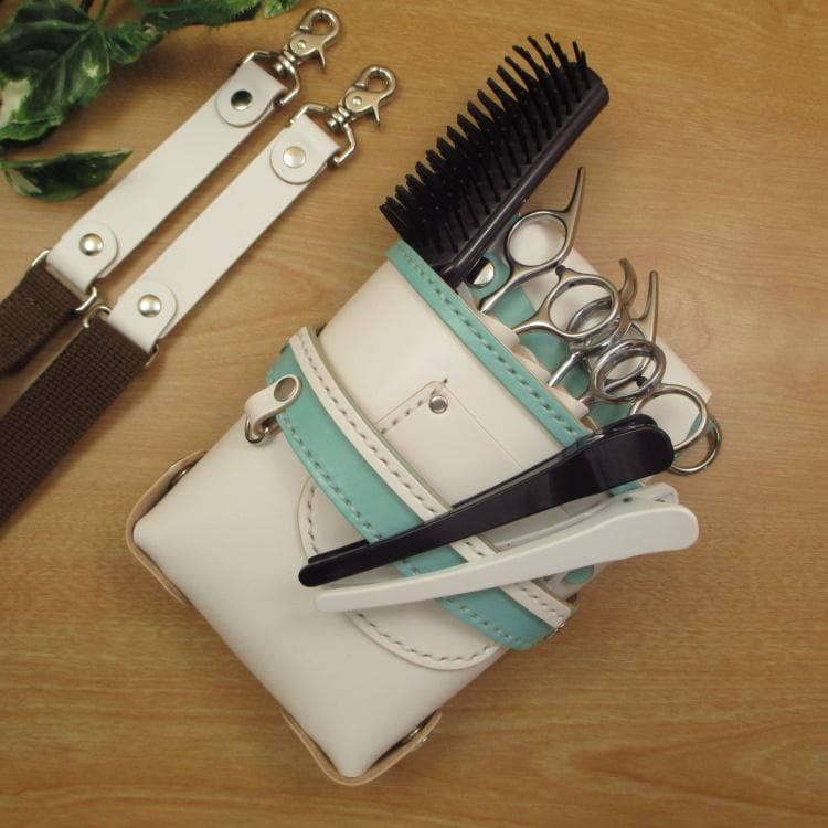 ホワイト＆空色　５丁差し　本革シザーケース　SCA-39/CWA