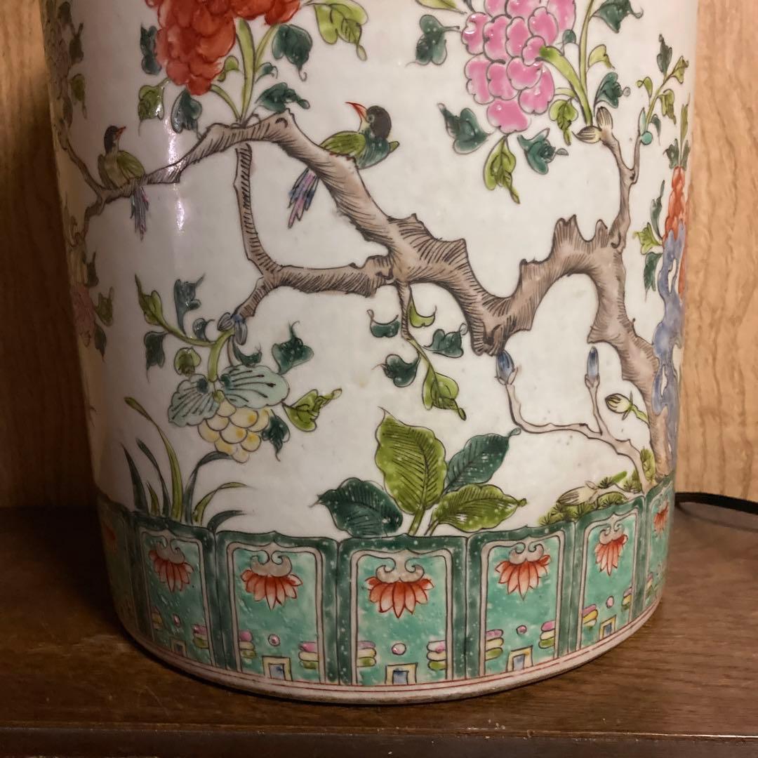 中国　色絵　粉彩　筒瓶　花鳥図　大明嘉靖年製