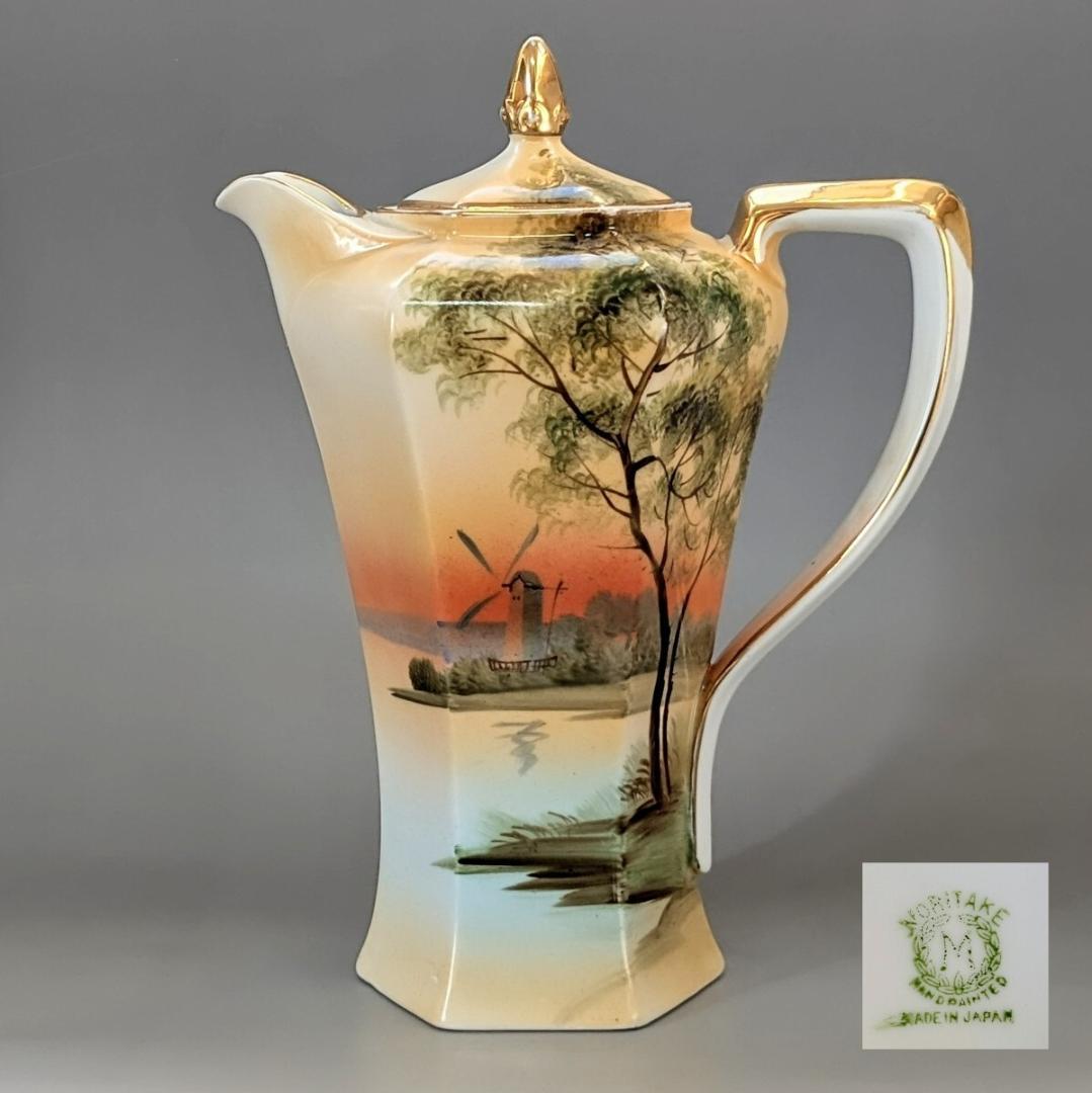 里帰り オールドノリタケ ☆金彩湖畔風景図 六角形ヘキサゴン ポット