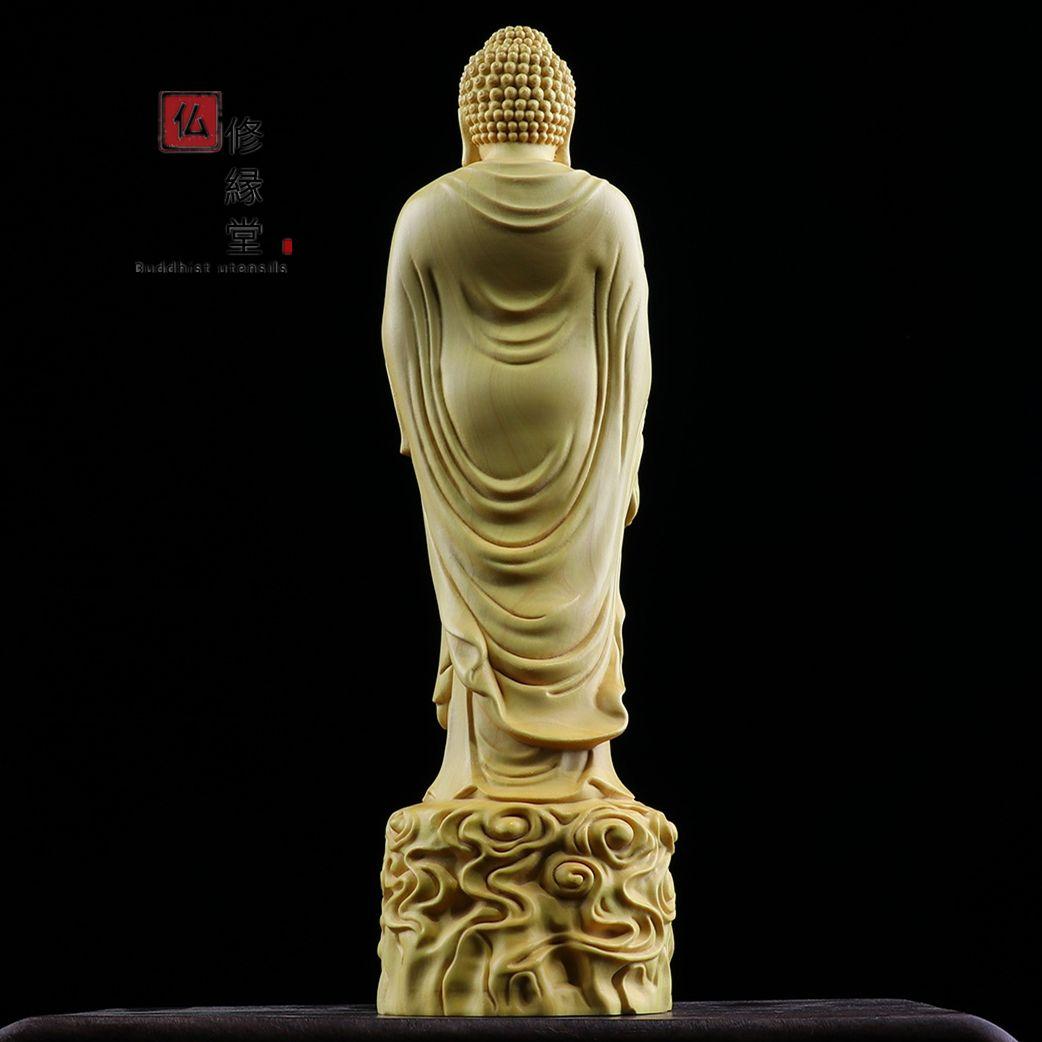 修縁堂】木彫り 仏像 阿弥陀如来立像 阿弥陀仏 彫刻 仏教工芸品 柘植材