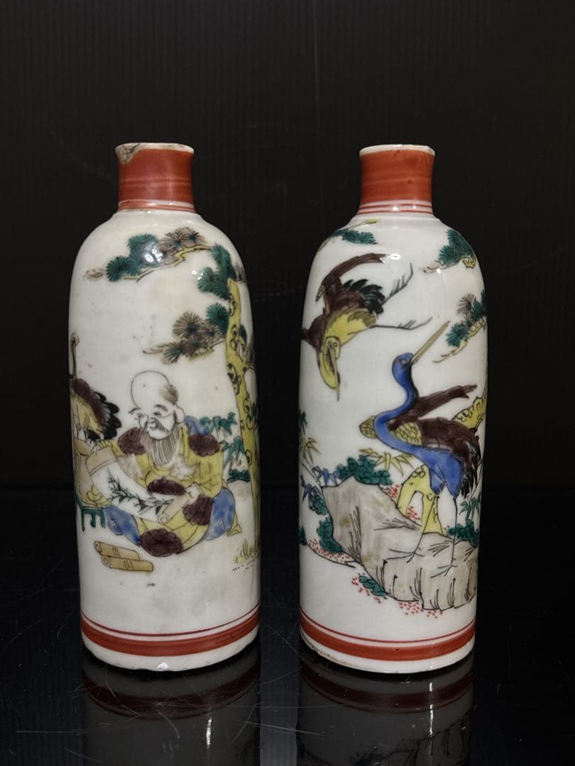江戸期 湖東焼 彩色寿老人鶴図 徳利 酒器 天保年墨書