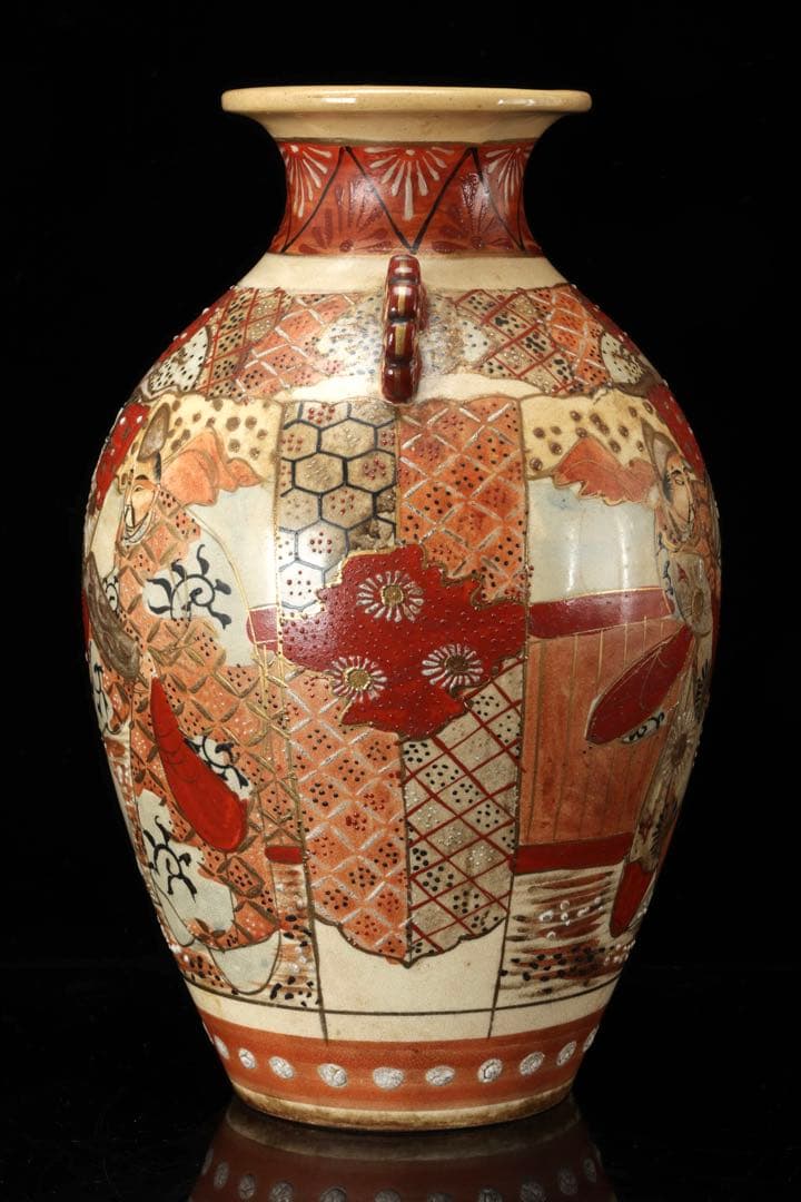 九谷焼 古九谷 赤絵金彩人物図双耳花瓶 飾壺 29㎝ 共箱 時代 古美術 骨董品