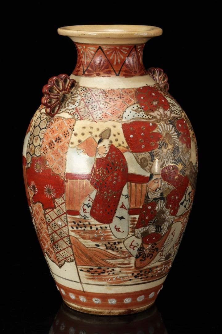 九谷焼 古九谷 赤絵金彩人物図双耳花瓶 飾壺 29㎝ 共箱 時代 古美術 骨董品