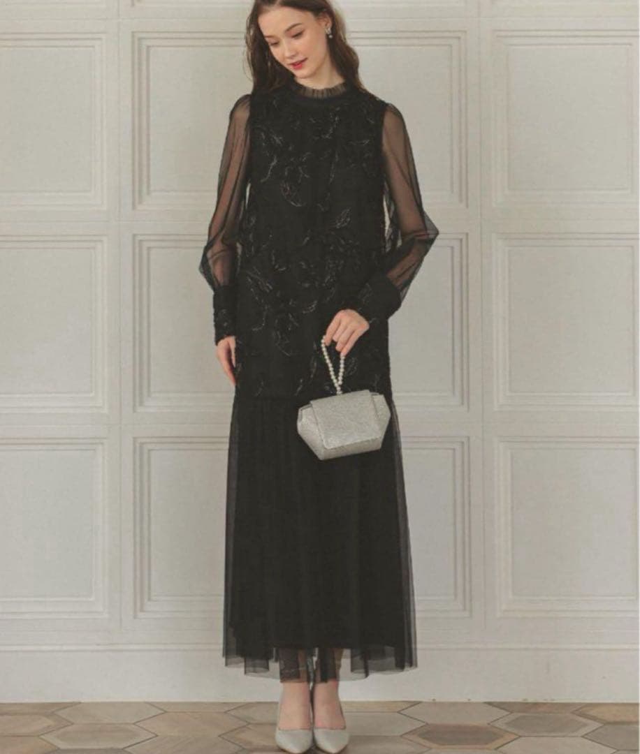 7☆新品☆La cadence フェザーフラワーチュールドレス ブラック M