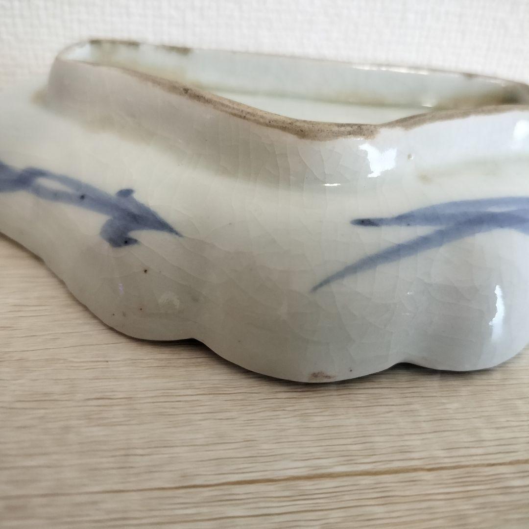 お値下げしました、古伊万里染付富士山型コンニャク印判三保松原図小皿