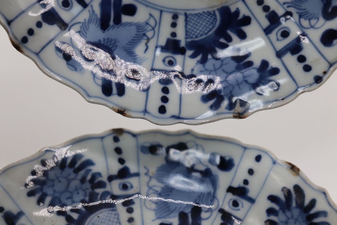 中国　明時代　染付花卉昆虫紋花口皿4点　送料込み0201