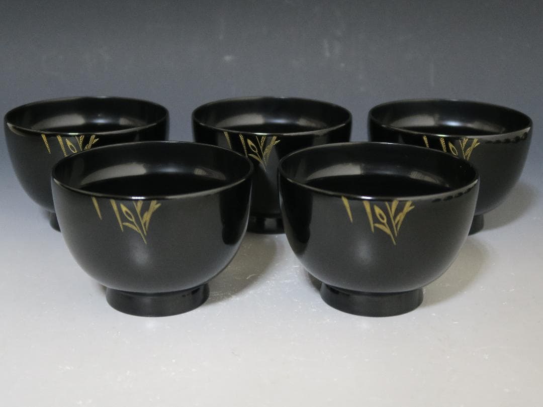 【輪島塗】極美品 秋草沈金 吸物椀 坂本漆器店 黒塗 五客揃 天然木 栞 共箱