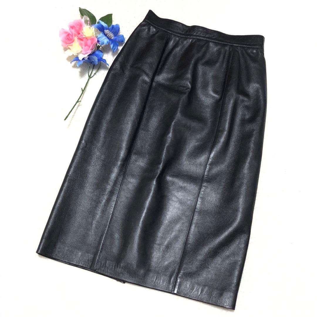 極美品　ロエベ　ひざ丈スカート　アナグラム　タイト　とろとろラムレザー 黒