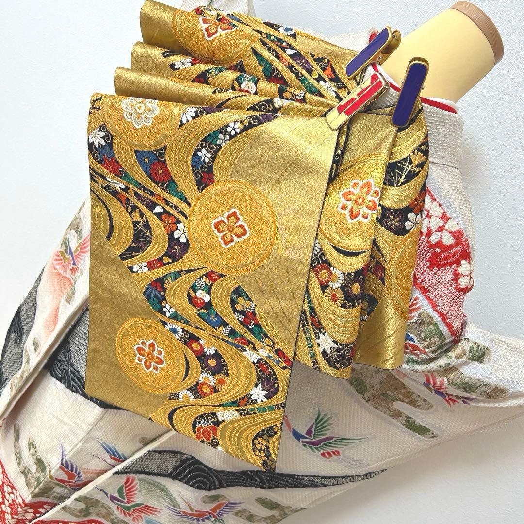 390 振袖フルセット 正絹 絞り 白地 黒 赤 緑 多色 カラフル 金彩 着物