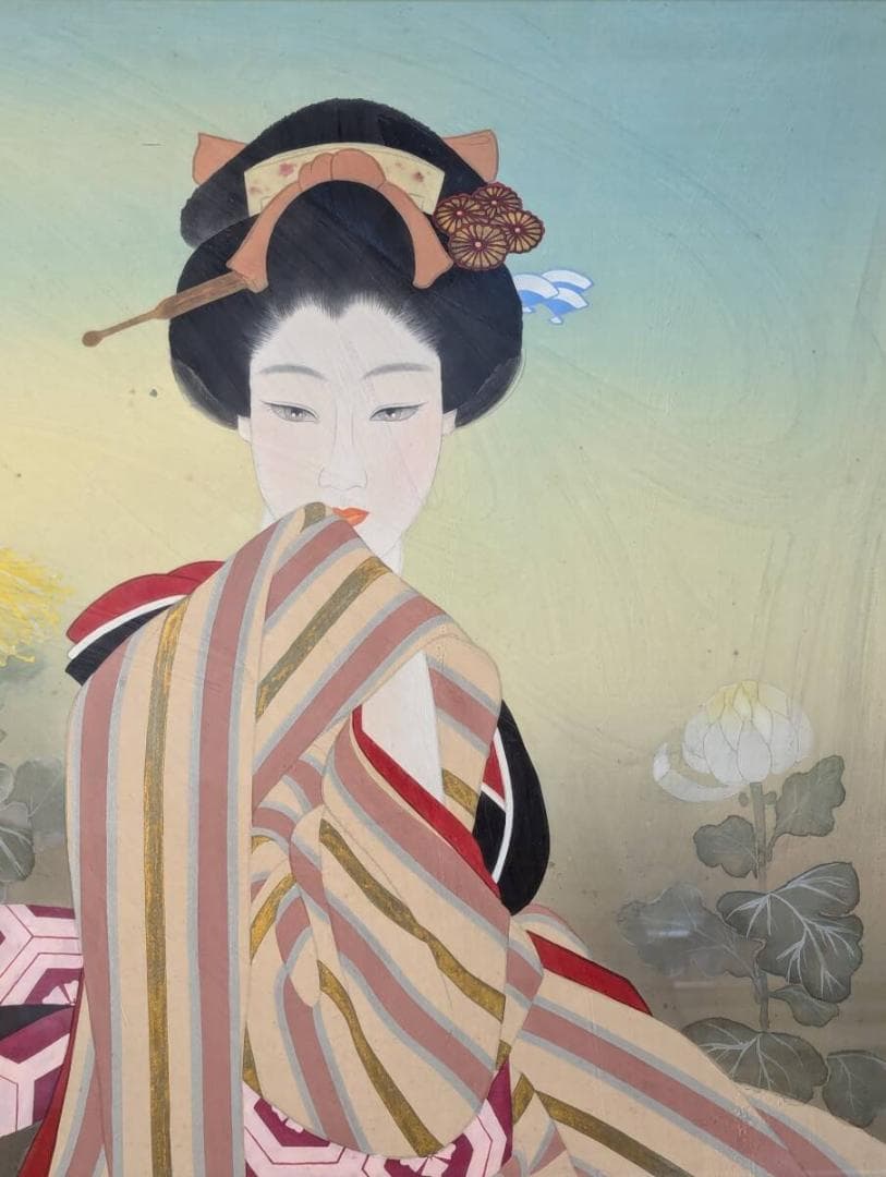 【真作】絵画　渡辺八洲　日本画10号　菊花と和装美人　繊細な筆致　U128