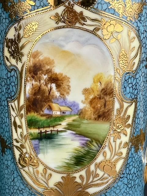 美品】オールドノリタケ 風景紋チョコレートポット 金盛り 金彩 ターコイズ