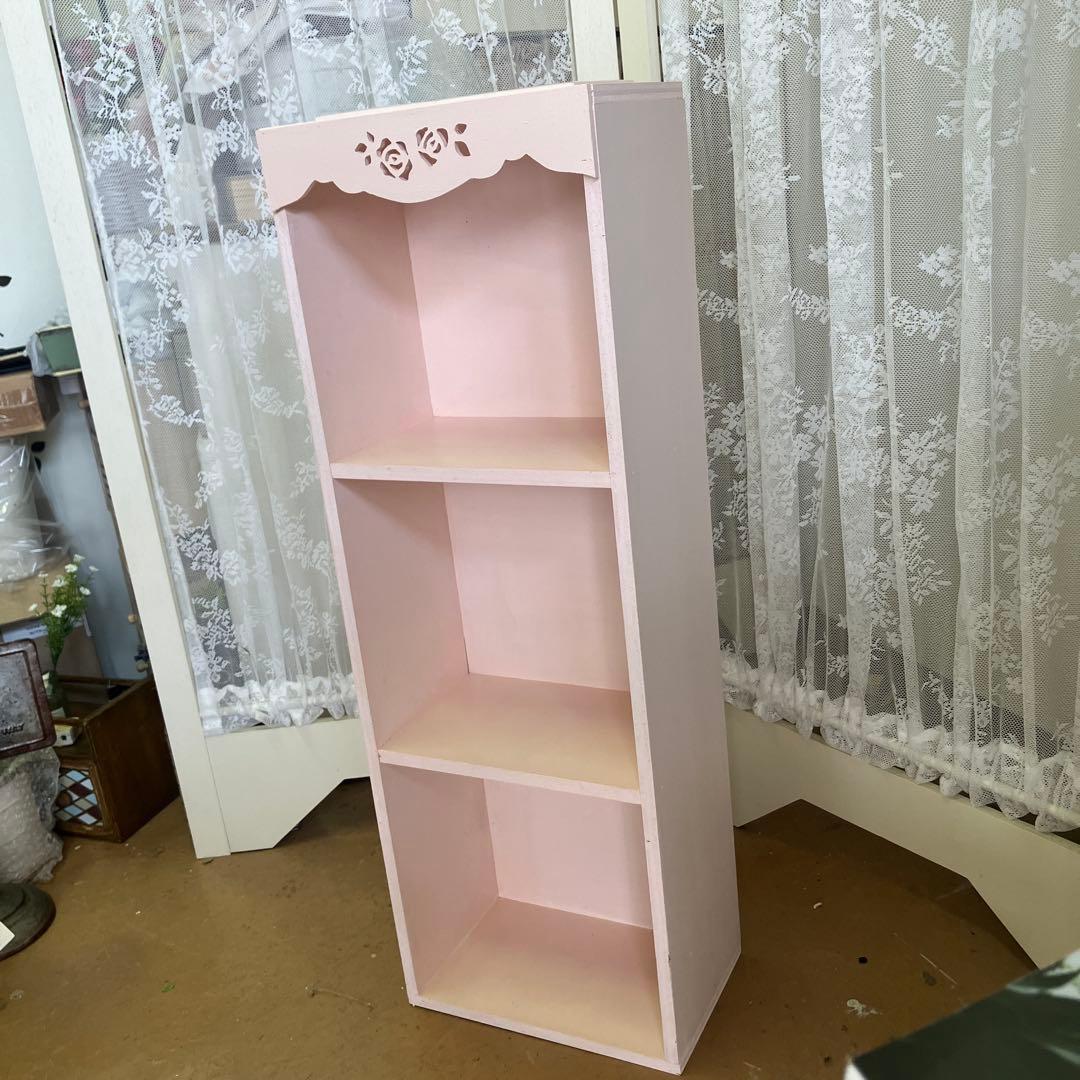 マニーローズタイルのピンクの木製 3段薄型ボックスシェルフW27.5 H80cm