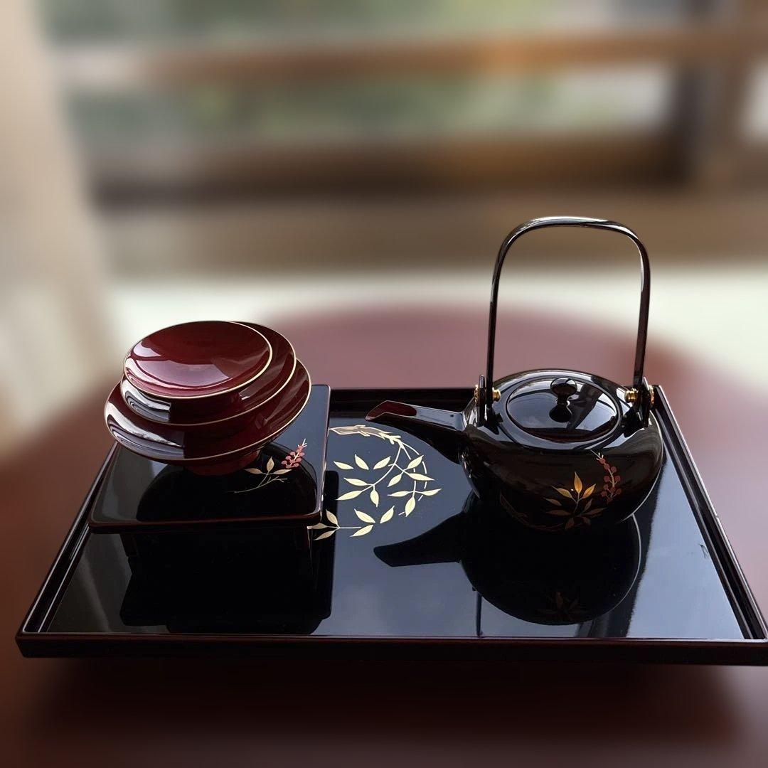 お屠蘇セット 越前漆器　 尺2長角屠蘇器　溜　新丸南天