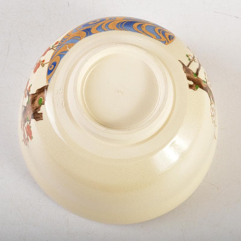 京焼　宮地英香作　仁清写　色絵梅文茶碗　銘早春　大橋香林書付　共箱　C　6581