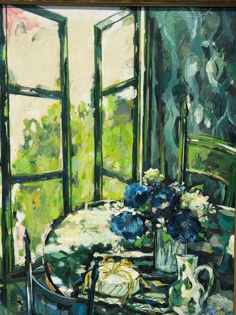 平野能子作 油彩絵 窓を開けて 直筆 示現会作品 額装 送料