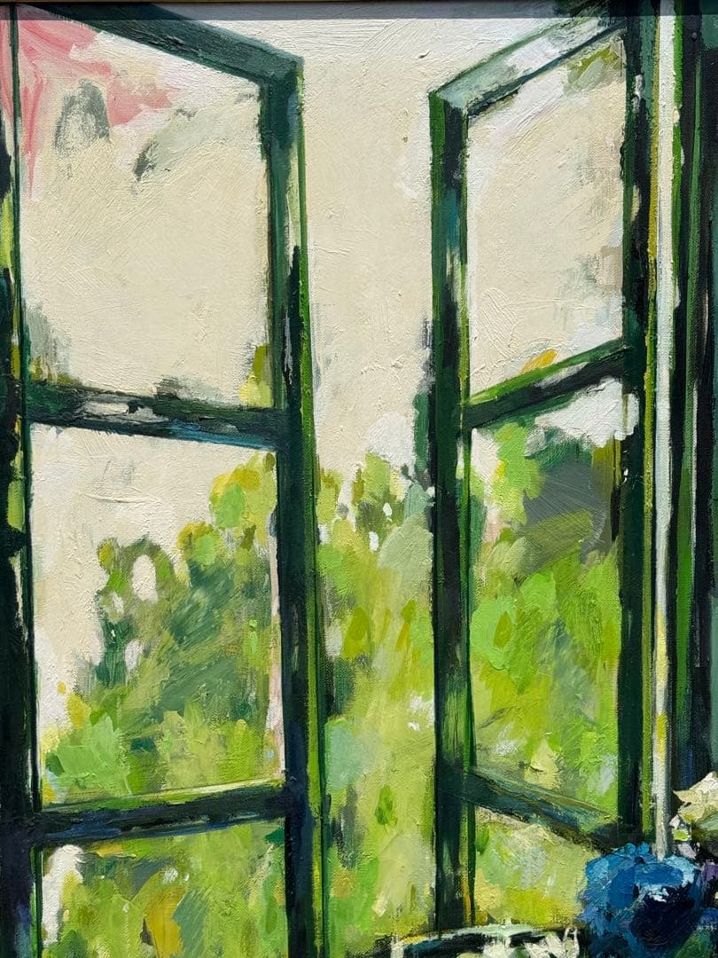平野能子作 油彩絵 窓を開けて 直筆 示現会作品 額装 送料