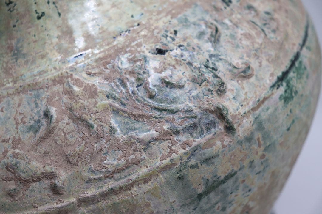 中国　漢時代　緑釉舗首耳大瓶　銀化緑釉　アンティーク　送料込み251014