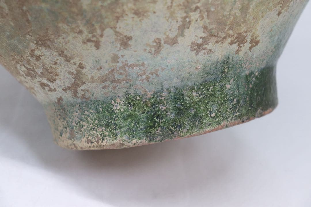 中国　漢時代　緑釉舗首耳大瓶　銀化緑釉　アンティーク　送料込み251014