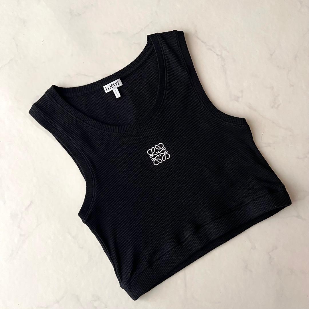 現行品 ロエベ クロップドタンクトップ アナグラム刺繍 ブラック ノースリーブS