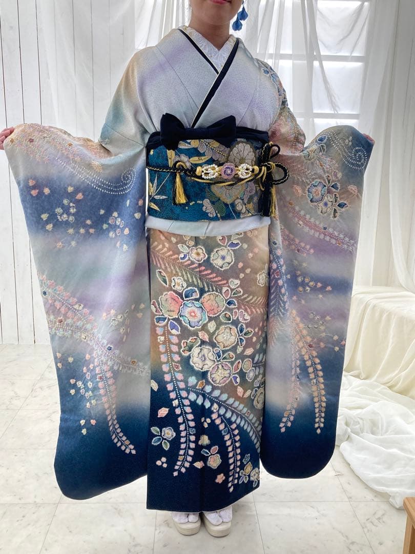 振袖フルセット 辻が花 ブルー系 銀通し 桐屋翠山工房 翠山工房