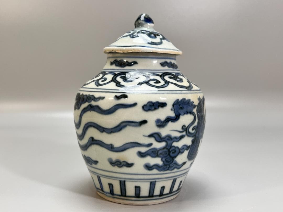 中国美術 青花鳳紋蓋罐 將軍罐 高 14.5cm 明