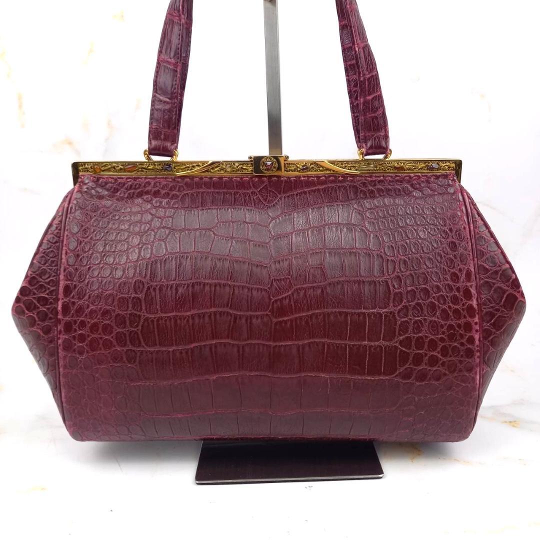 ✨希少✨ハマノ サンピエトロ　リアルクロコ ハンドバッグ ボルドー がま口