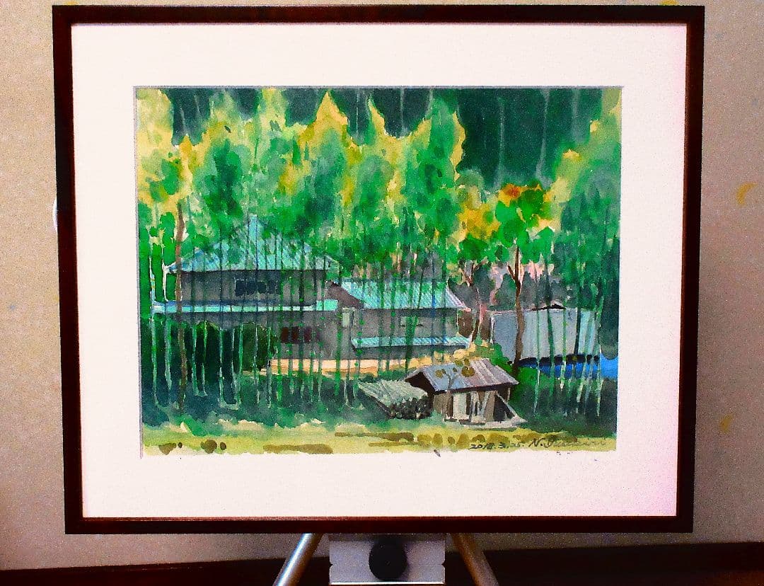 水彩画( 竹林のある屋敷)木製フレーム付き